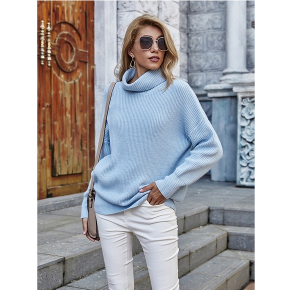 Rouge! Sweaters - Light Blue Knit Cowl Turtleneck Sweater